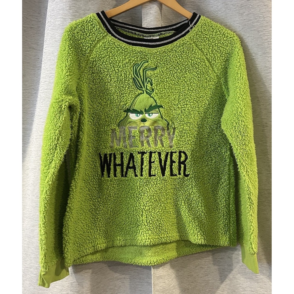 The Grinch Dr Seuss Sherpa Fleece‎ Embroidered Christmas Sweater Pullover LARGE